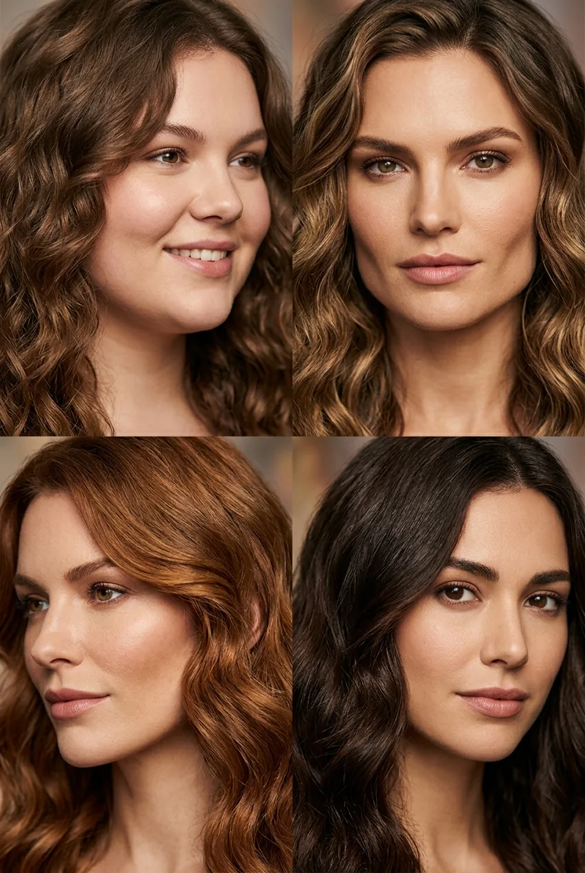 Wavy hair framing round square and heart shaped faces showing interaction with features