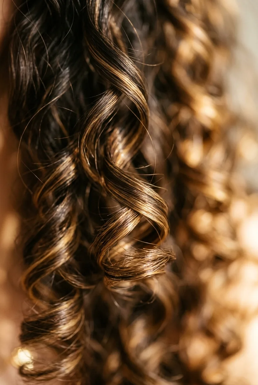 Long wavy hair ends with perfect curl definition showing spiral structure and natural movement