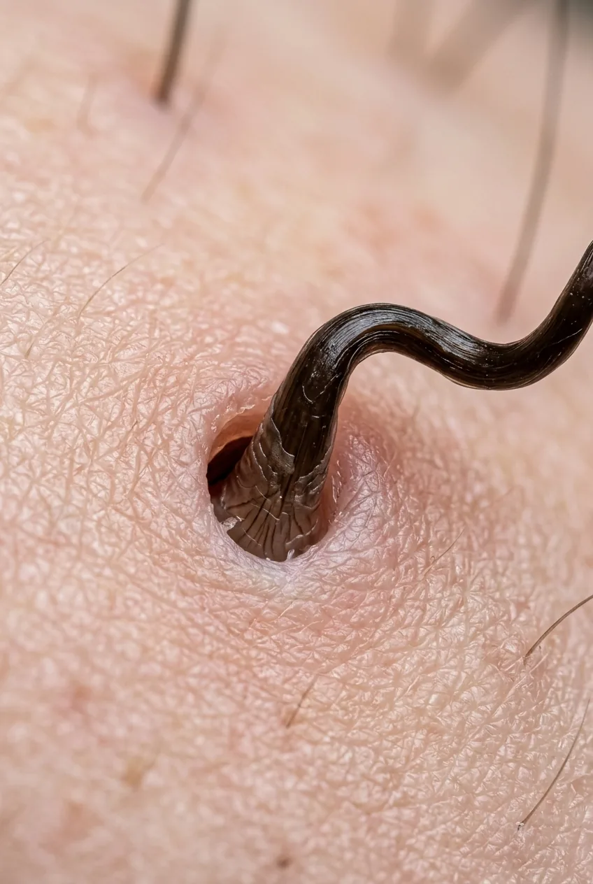 Microscopic view of wavy hair follicle showing asymmetrical opening at scalp level