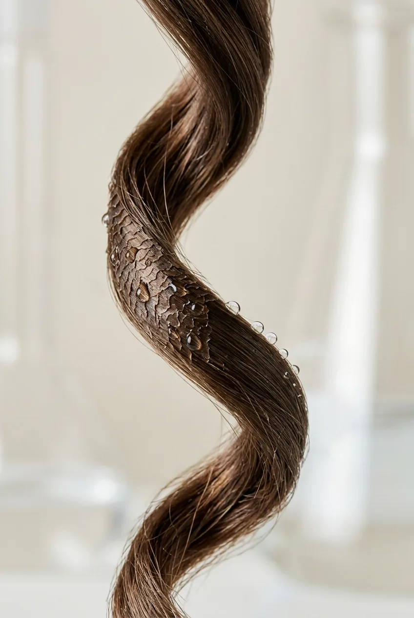Water droplet test on wavy hair showing natural porosity differences along wave bends