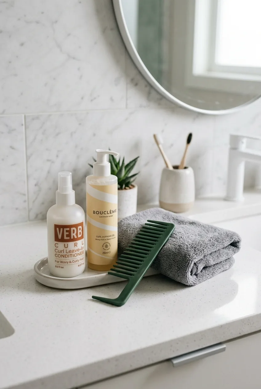 Organized collection of wavy hair styling products and tools on bathroom counter