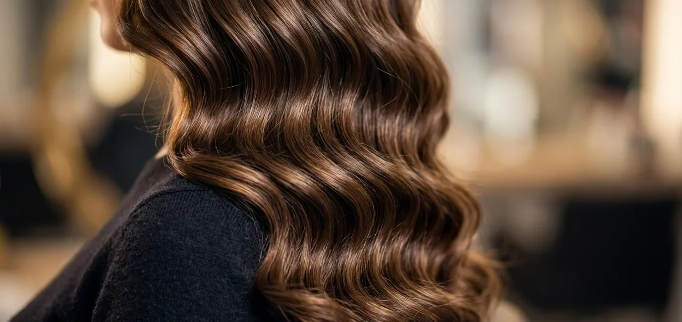 Wavy hair cascading over woman's shoulder showing natural S-pattern wave formation