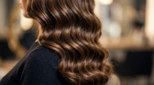 Wavy hair cascading over woman's shoulder showing natural S-pattern wave formation