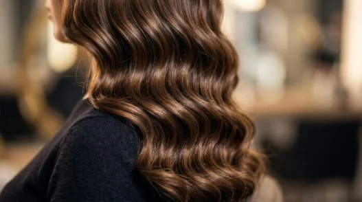 Wavy hair cascading over woman's shoulder showing natural S-pattern wave formation