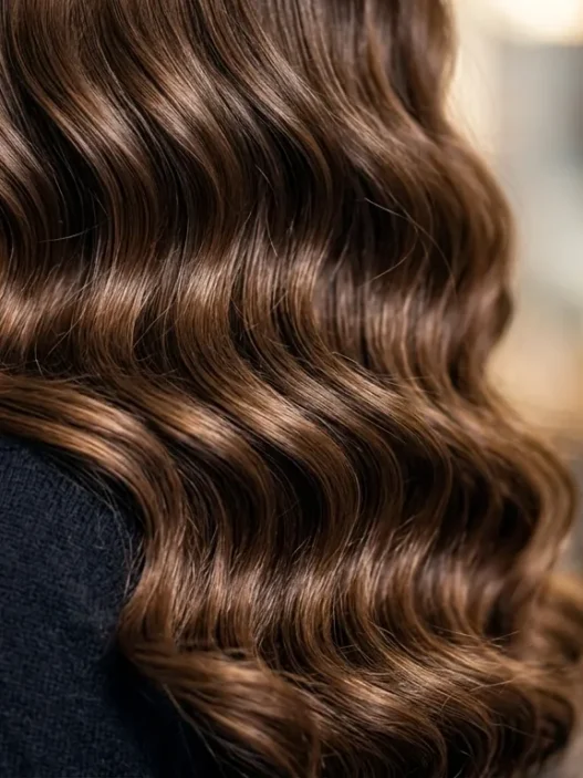 Wavy hair cascading over woman's shoulder showing natural S-pattern wave formation