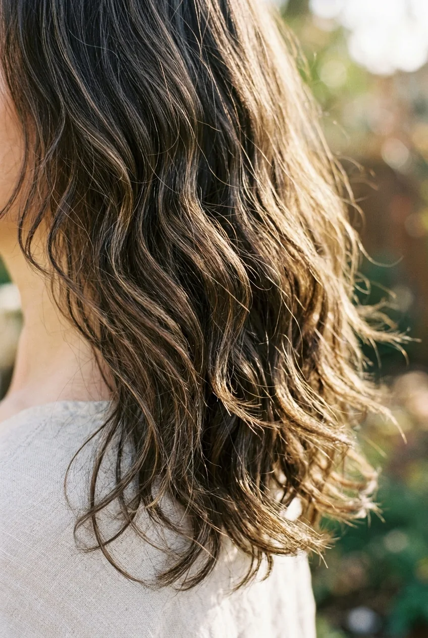 Close-up detail of natural wavy texture in mid-length hair showing individual strands