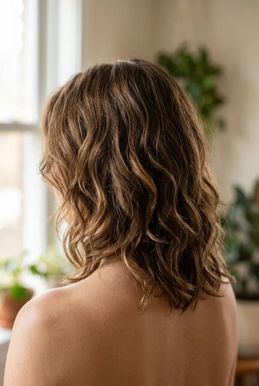 Shoulder-length layers styled with natural waves showing enhanced texture and movement