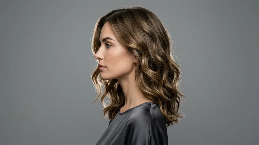 Woman with wavy lob hairstyle shown in elegant side profile against neutral studio background