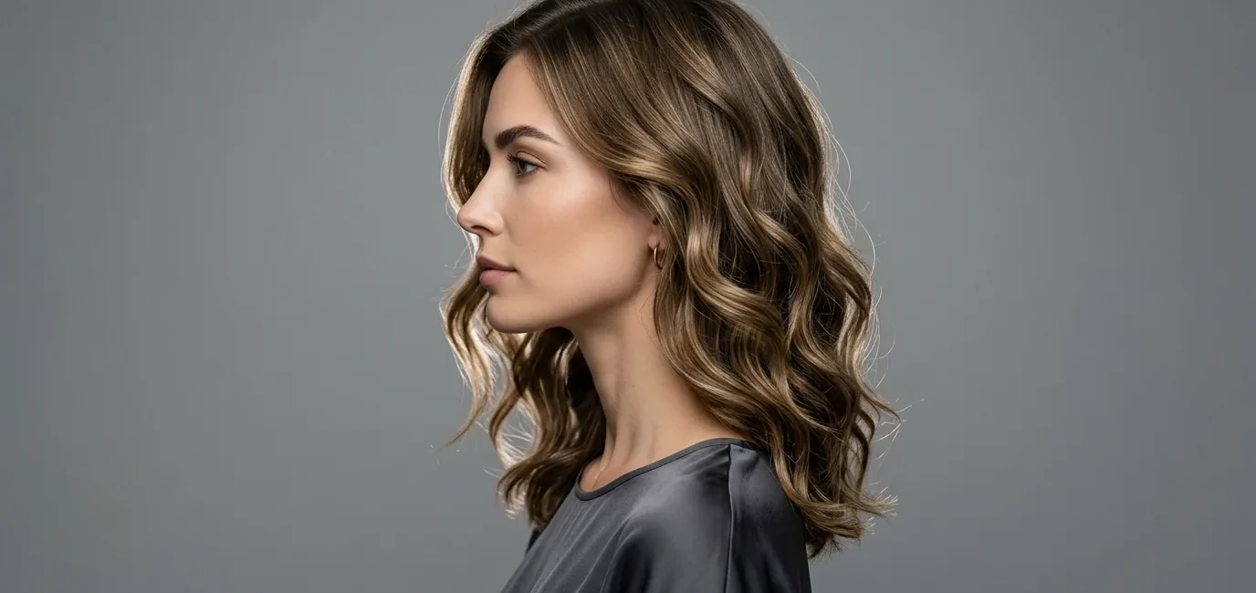 Woman with wavy lob hairstyle shown in elegant side profile against neutral studio background