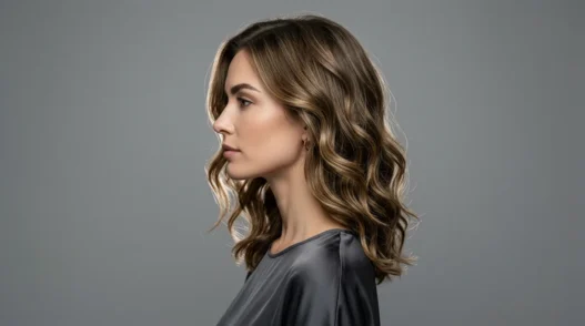 Woman with wavy lob hairstyle shown in elegant side profile against neutral studio background