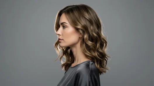 Woman with wavy lob hairstyle shown in elegant side profile against neutral studio background