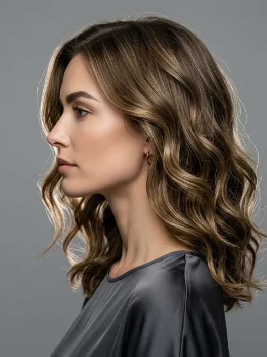 Woman with wavy lob hairstyle shown in elegant side profile against neutral studio background