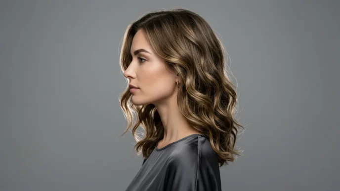 Woman with wavy lob hairstyle shown in elegant side profile against neutral studio background
