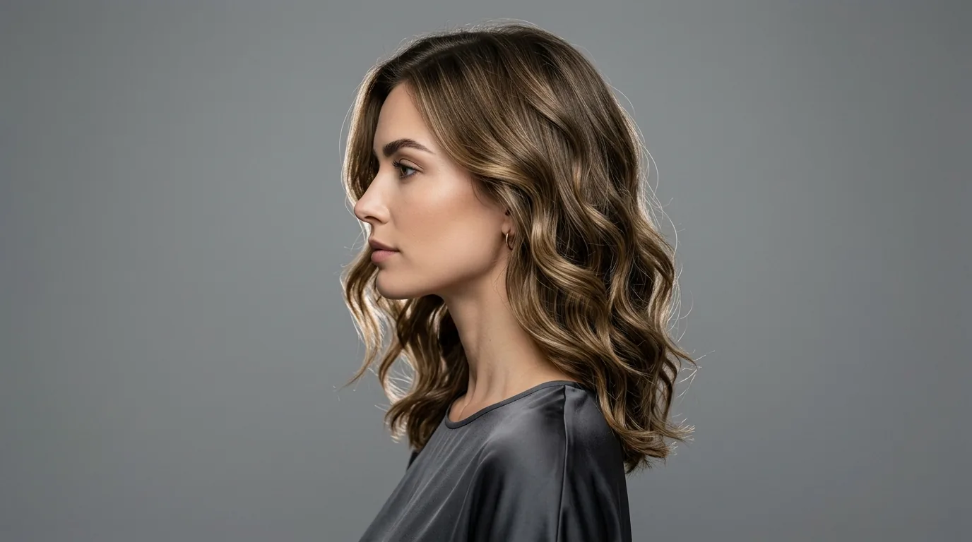 Woman with wavy lob hairstyle shown in elegant side profile against neutral studio background