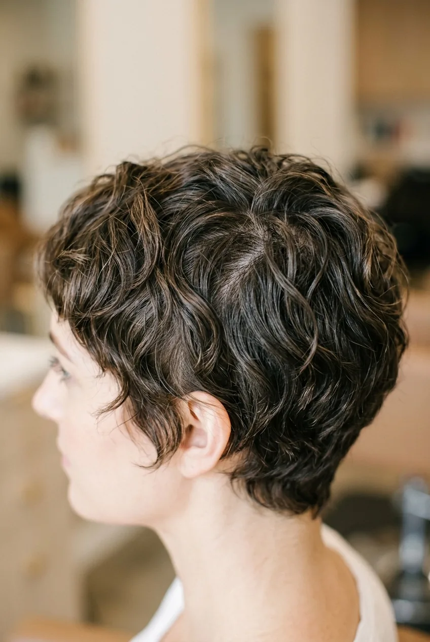 Short wavy pixie cut showing natural texture and wave pattern close to the scalp