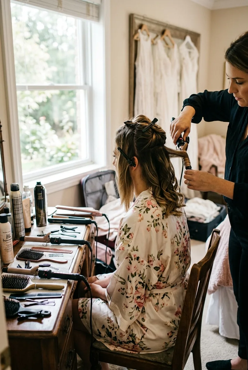 Wedding hair preparation scene with styling tools and bride in getting-ready robe