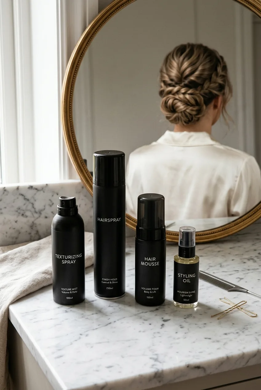 Collection of hair styling products on marble counter with completed updo visible in mirror background