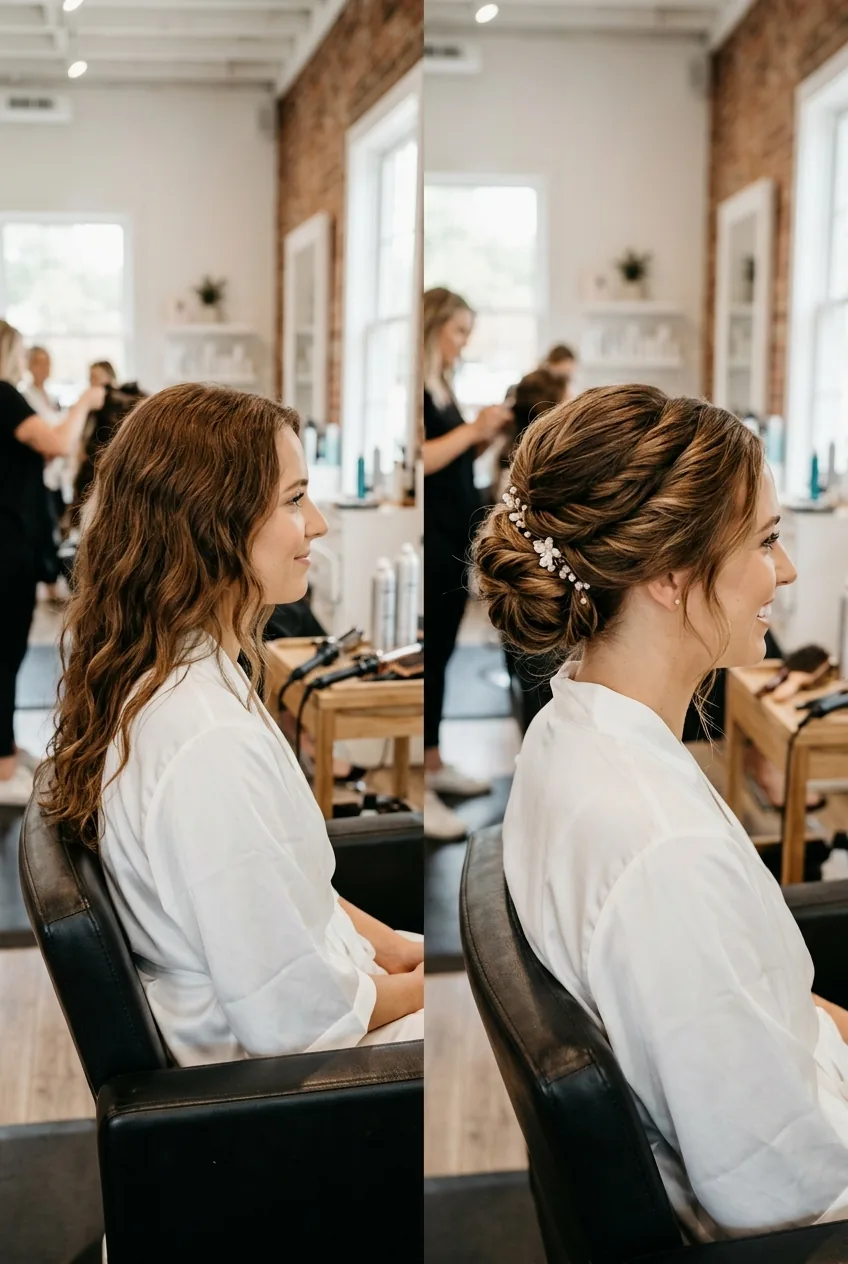 Wedding hair trial showing transformation from natural long hair to elegant updo in salon setting