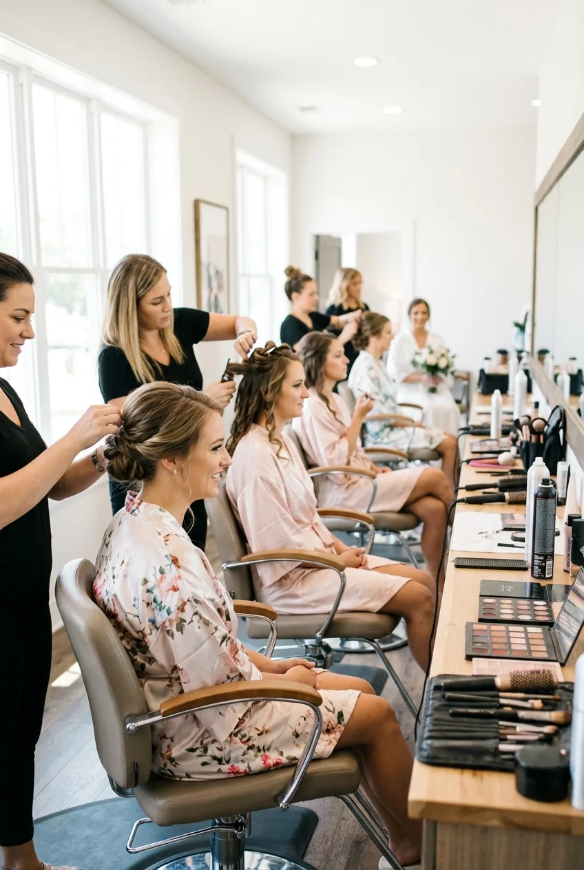 Wedding morning preparation scene with multiple bridesmaids getting styled by professionals
