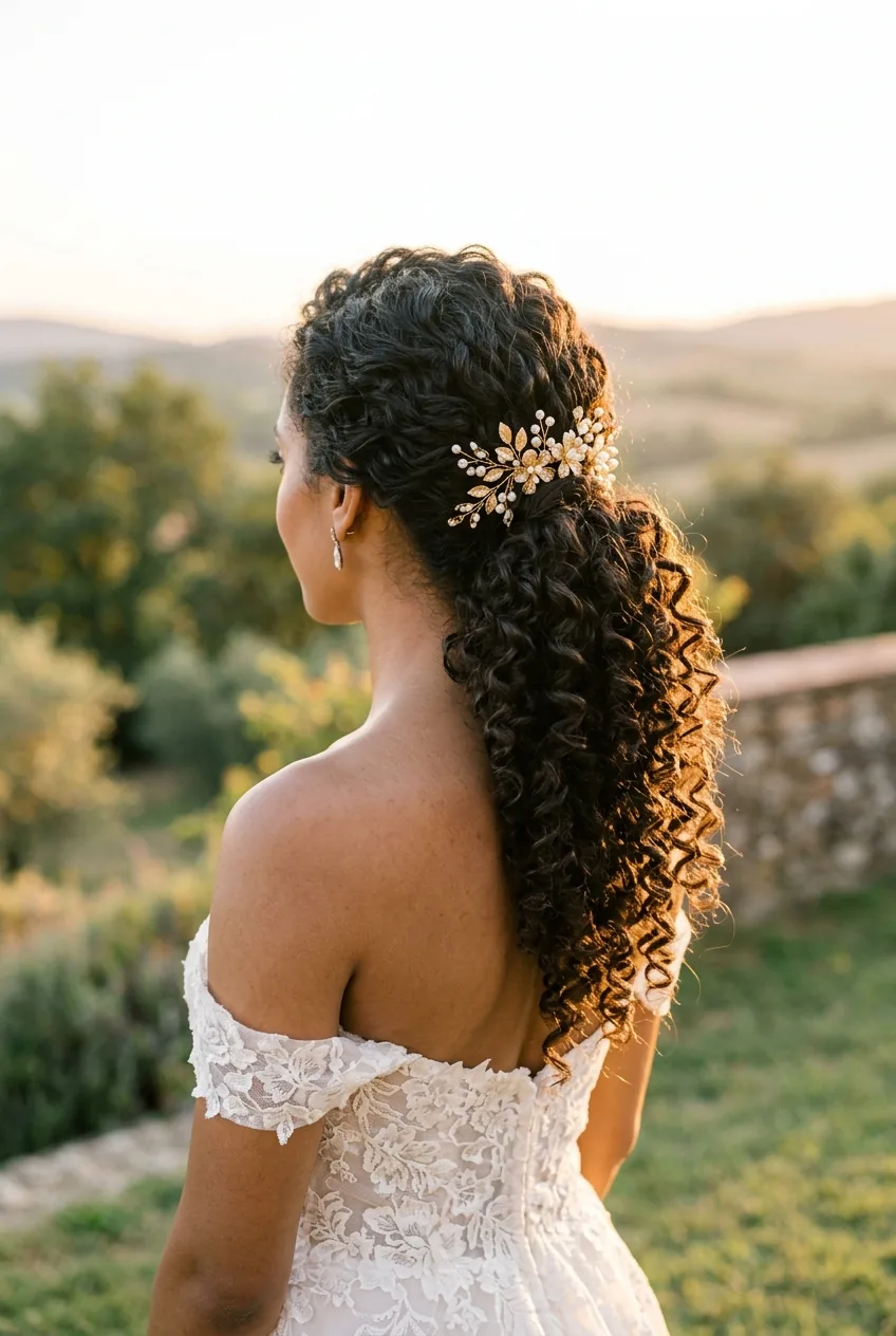Wedding ponytail on naturally curly hair showing enhanced spiral definition and texture