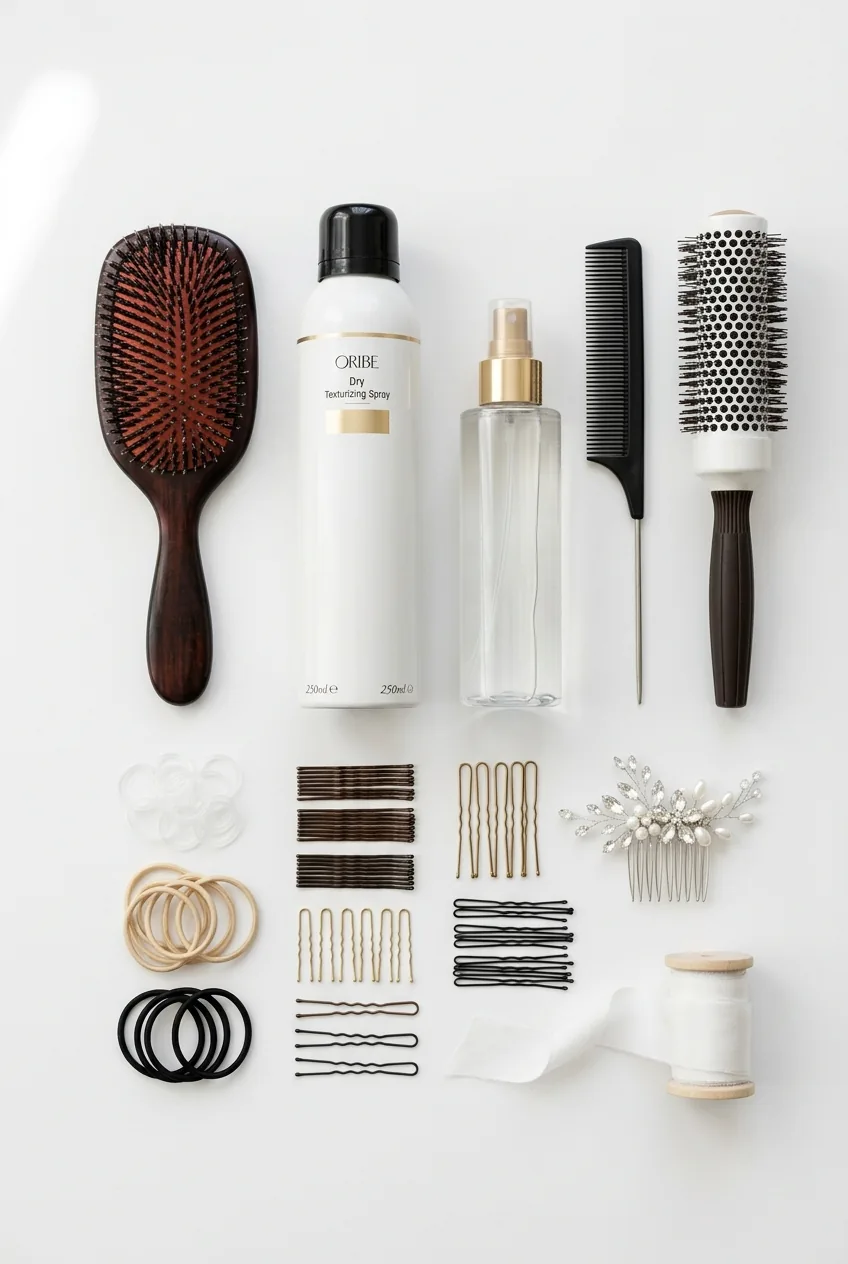 Professional wedding ponytail styling tools and products including elastics and texturizing spray