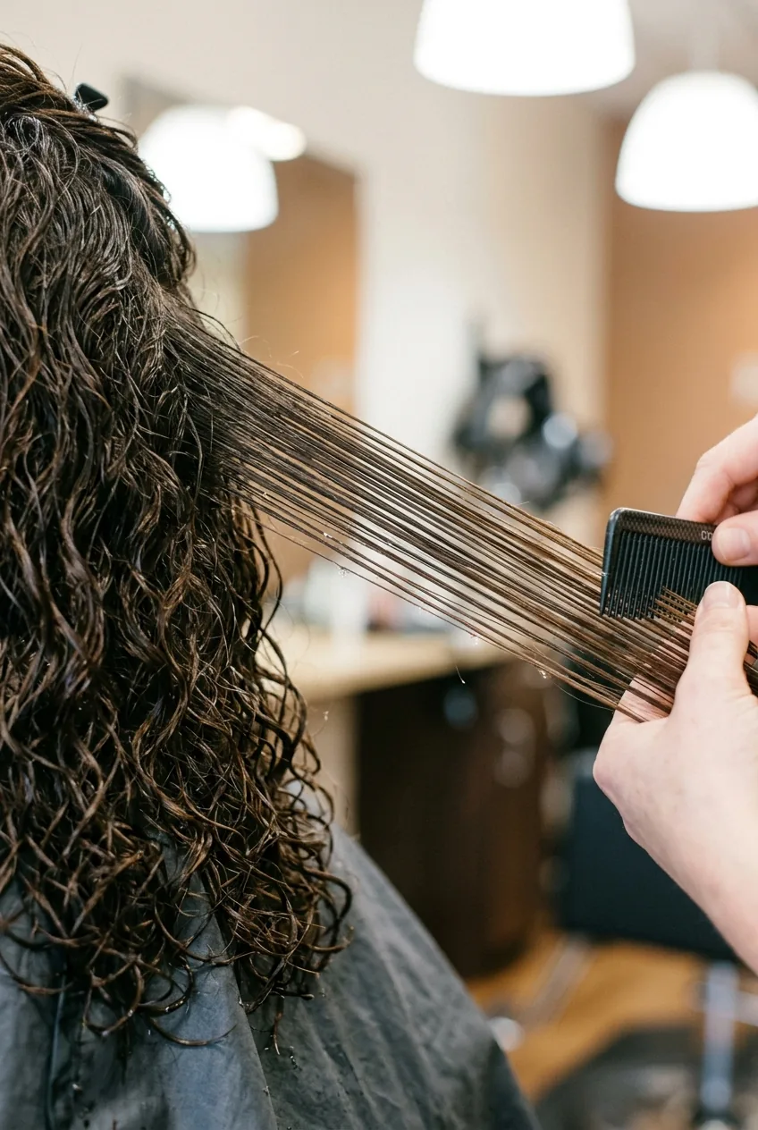 Wet wavy hair being combed straight during salon haircut showing stretched versus natural state