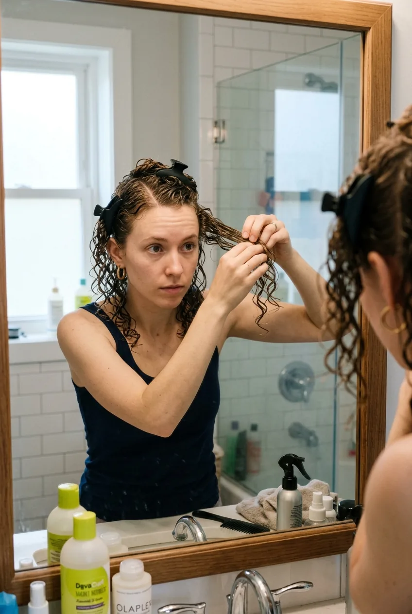 Hands sectioning wet thin curly hair into four parts with clips in bathroom mirror