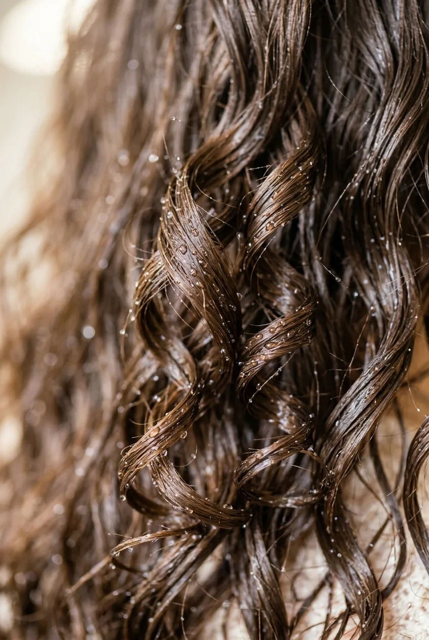 Wet long wavy hair with water droplets showing natural wave pattern during styling
