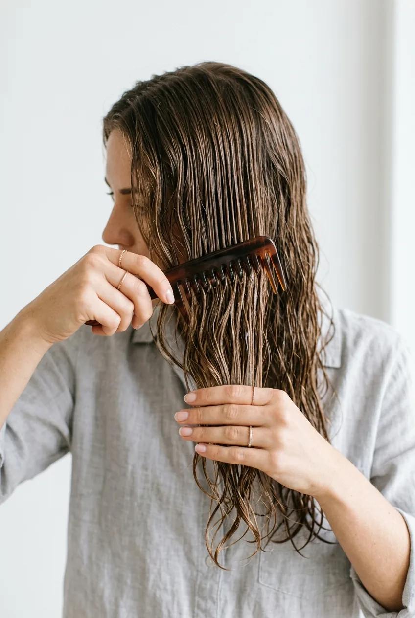 Wide-tooth comb distributing styling products through long hair from ends upward