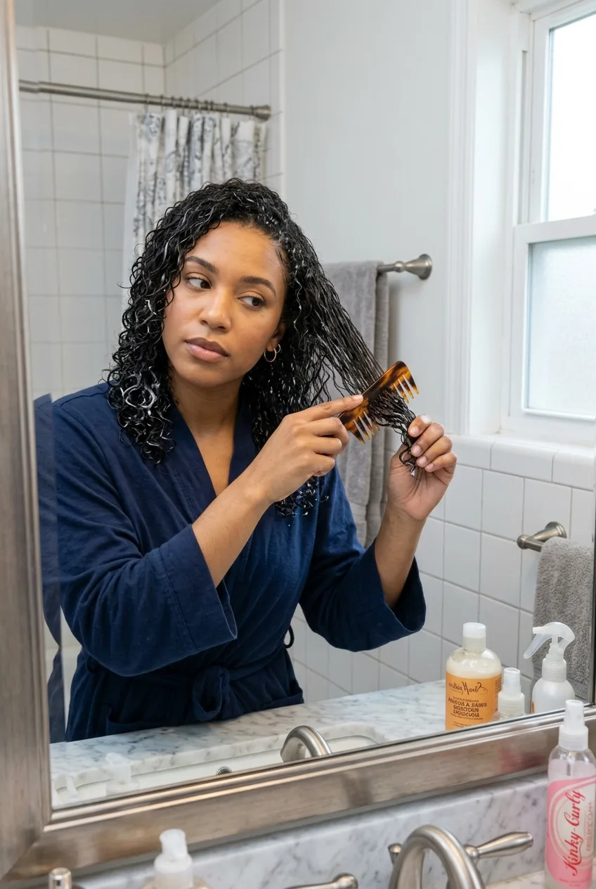 Woman gently detangling wet layered curly hair with wide-tooth comb section by section