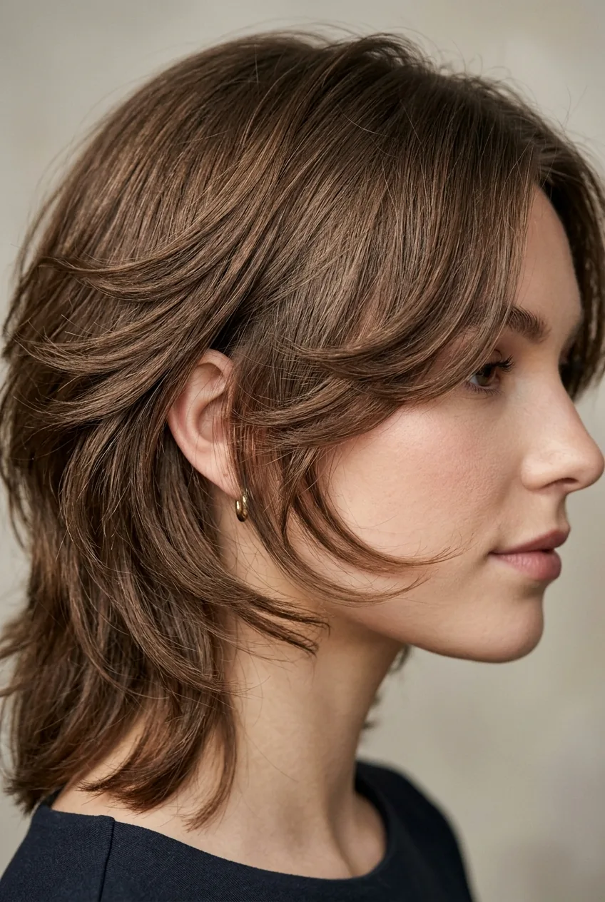 Close-up of butterfly haircut with shorter pieces around cheekbones creating wing-like layer effect