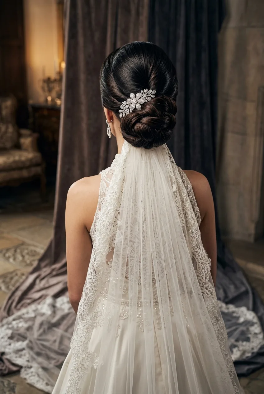 Structured winter bridal updo with cathedral veil attachment showing sleek twisted sections and diamond earrings