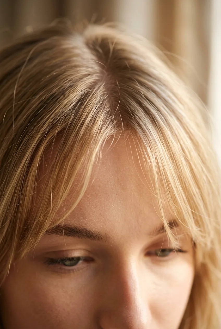Close-up of wispy curtain bangs parting naturally at the center with feathered ends