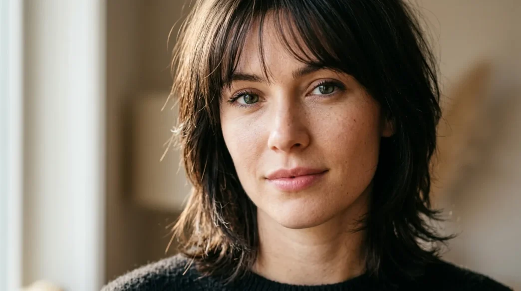 Woman with wispy textured bangs showing natural layered movement from forehead to crown