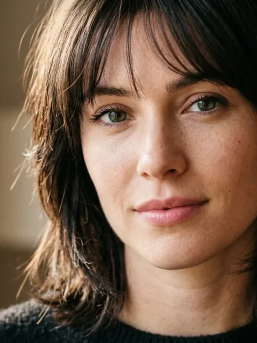 Woman with wispy textured bangs showing natural layered movement from forehead to crown