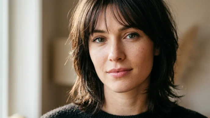 Woman with wispy textured bangs showing natural layered movement from forehead to crown