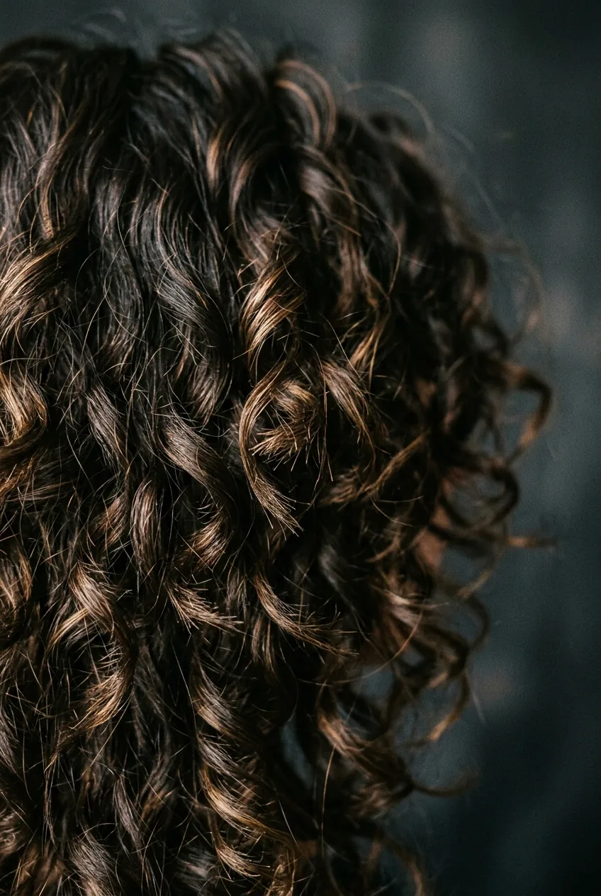 Wolf cut curls with edgy disconnected layers showing varied curl patterns in dark brown