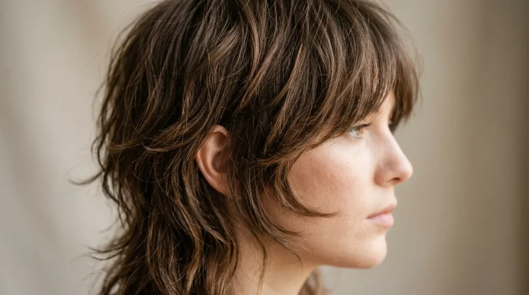 Close-up view of woman's wolf cut showing choppy layers and natural texture from jawline to crown
