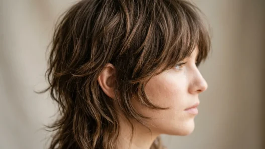 Close-up view of woman's wolf cut showing choppy layers and natural texture from jawline to crown