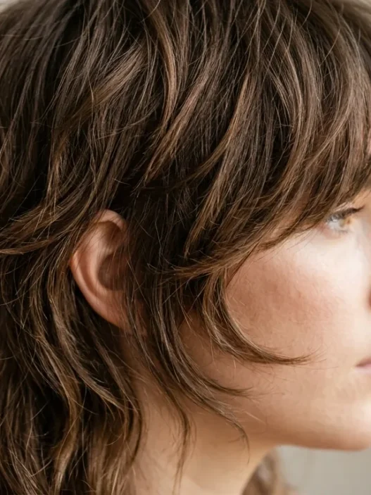 Close-up view of woman's wolf cut showing choppy layers and natural texture from jawline to crown