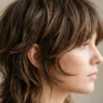 Close-up view of woman's wolf cut showing choppy layers and natural texture from jawline to crown