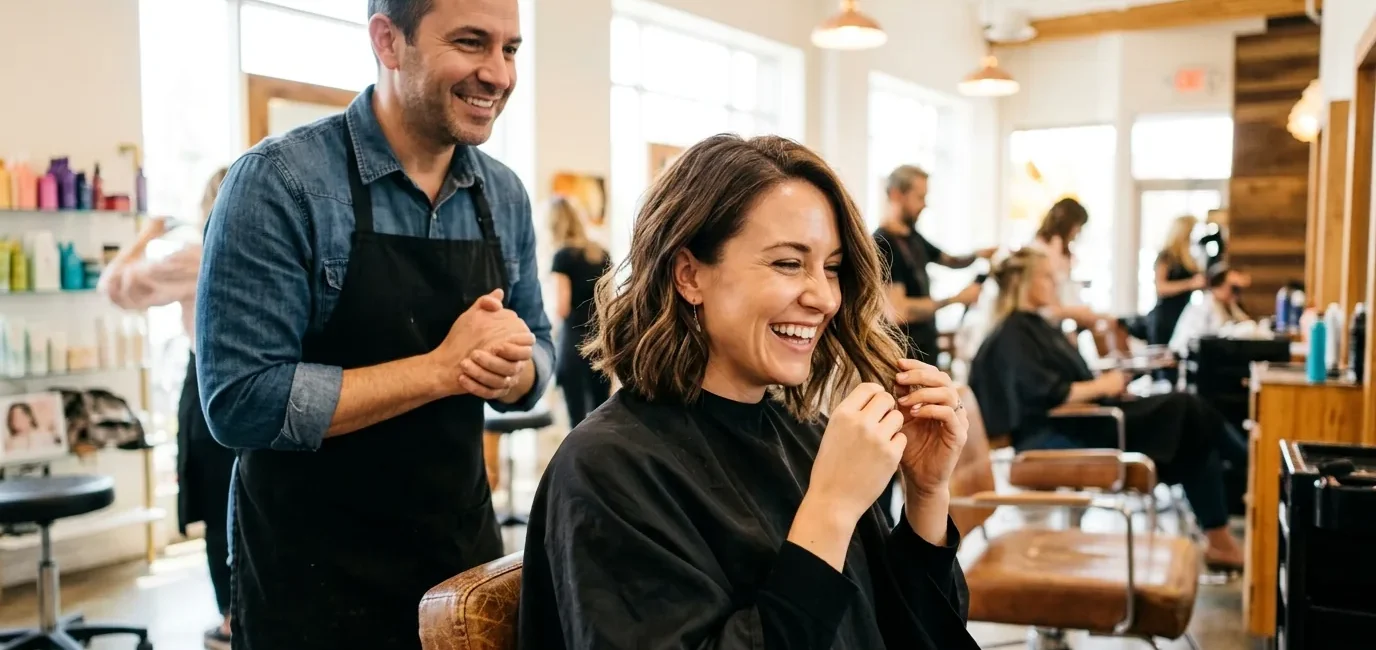Woman with delighted expression admiring her new medium-length haircut in salon mirror with stylist behind her