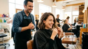 Woman with delighted expression admiring her new medium-length haircut in salon mirror with stylist behind her