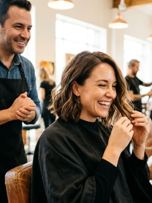 Woman with delighted expression admiring her new medium-length haircut in salon mirror with stylist behind her