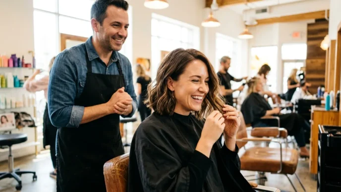 Woman with delighted expression admiring her new medium-length haircut in salon mirror with stylist behind her