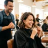 Woman with delighted expression admiring her new medium-length haircut in salon mirror with stylist behind her