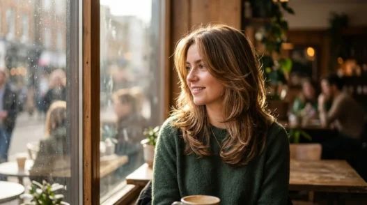 Woman with flowing hair by cafe window in natural side lighting