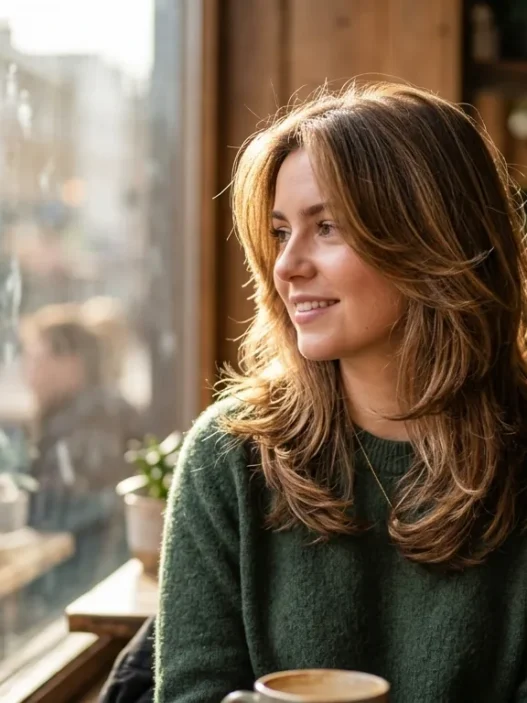 Woman with flowing hair by cafe window in natural side lighting
