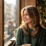 Woman with flowing hair by cafe window in natural side lighting