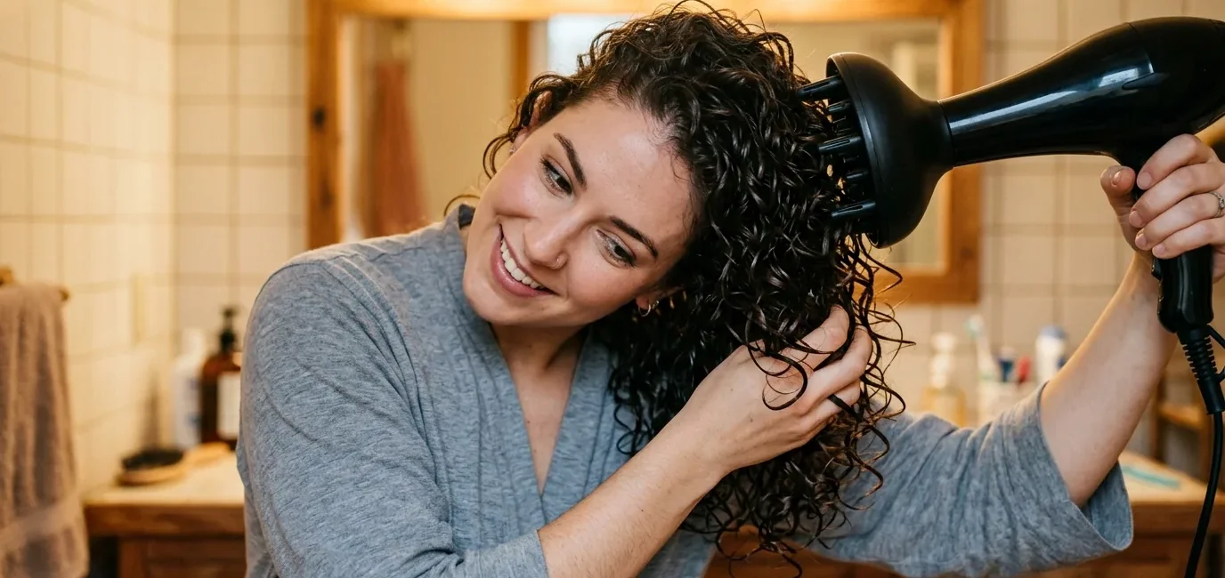 Woman using diffuser attachment to dry wavy hair with head tilted sideways in bathroom